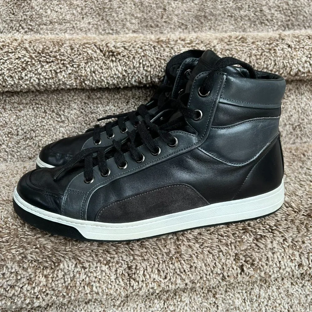Prada Men's Black High Top Leather Trainers Sneakers - Picture 2 of 10